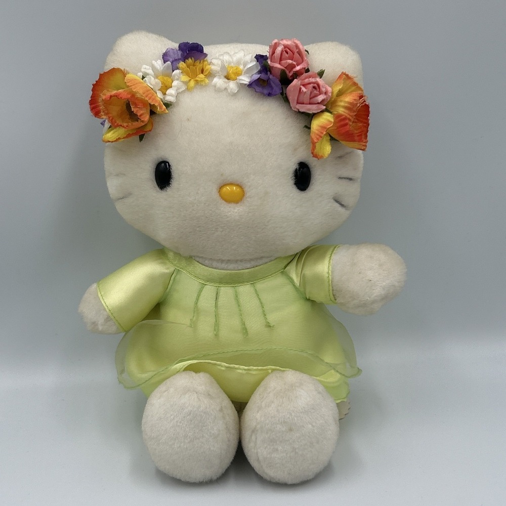 Sanrio Smiles HELLO KITTY 10" PLUSH Green Dress SPRING FLOWER CROWN‎ 2000 Y2K